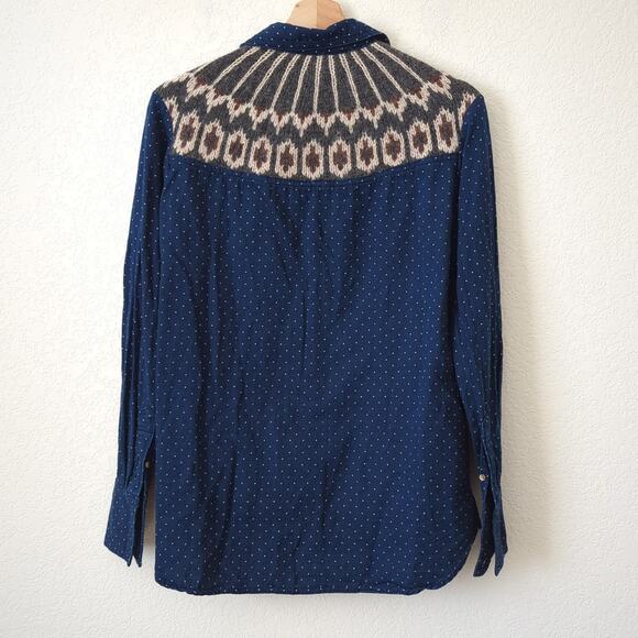 Free People Womens Top Back Knit Printed Button-Down Chambray Southwestern XS - Picture 1 of 11